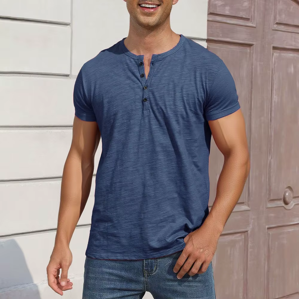T-shirt en coton pour hommes, Design de boutons, respirant, couleur unie, manches courtes, col Henle