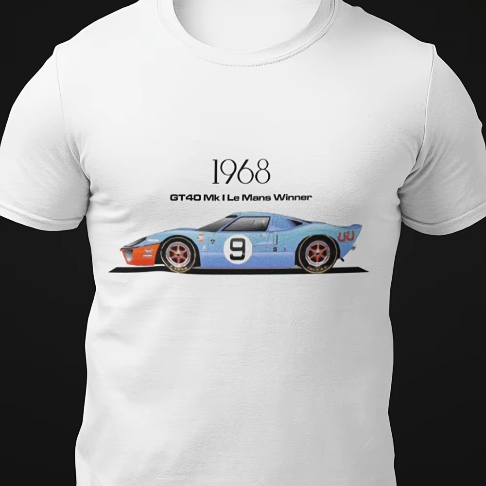 T-shirt de course rétro GT40 1968 imprimé avec le numéro de voiture de course 9 et Logos de Sponsors