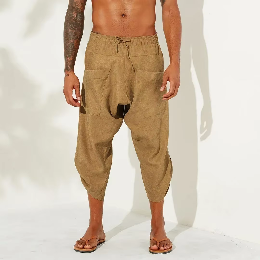 Baggy plage culture pantalon 3/4 coton lin vacances décontracté Capri Yoga pantalon ample cordon tai