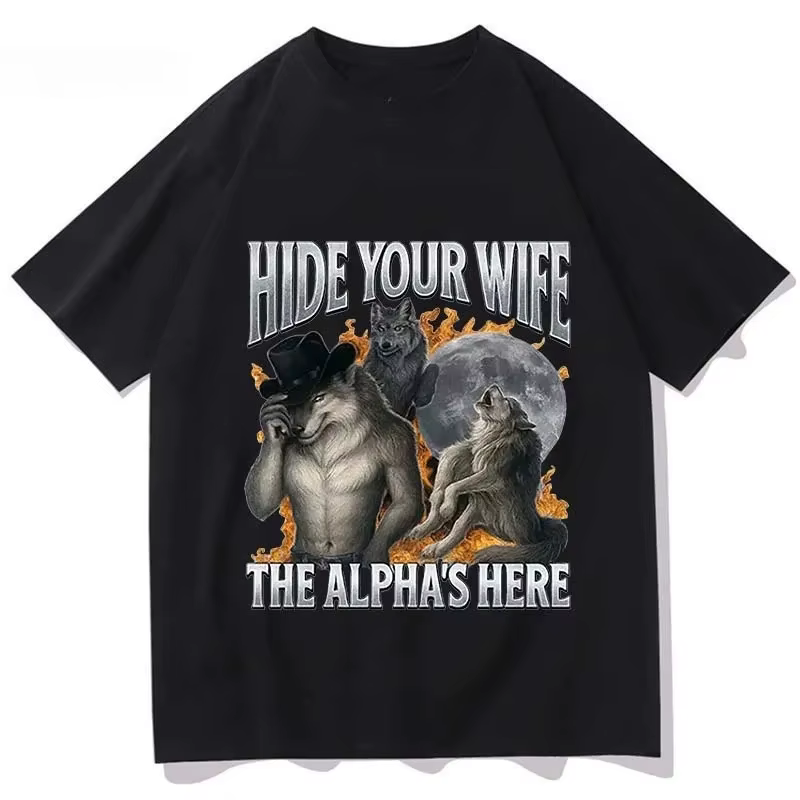 Cachez votre femme, l'alpha-loup arrive ! T-shirt Meme Loup-Garou Amusant, Chemise à Manches Courtes