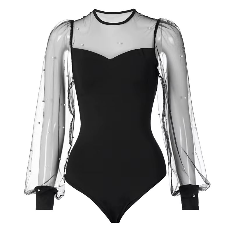 Body en maille perlée pour femmes, manches bouffantes, mode, manches longues, Vintage, haut, été, au