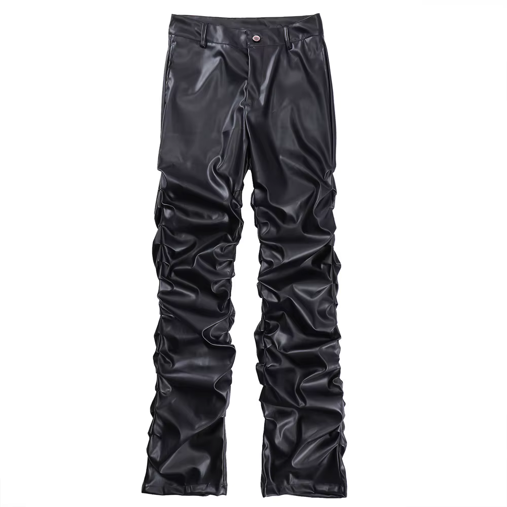 Pantalon en cuir PU plissé noir vintage décontracté pour homme, style streetwear hip-hop Harajuku, c