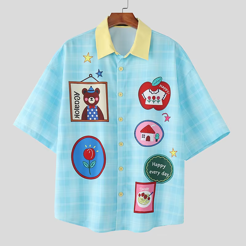 Chemise Homme INCERUN à Carreaux Imprimés, Col Revers, Manches Courtes, Vêtement Masculin Décontract