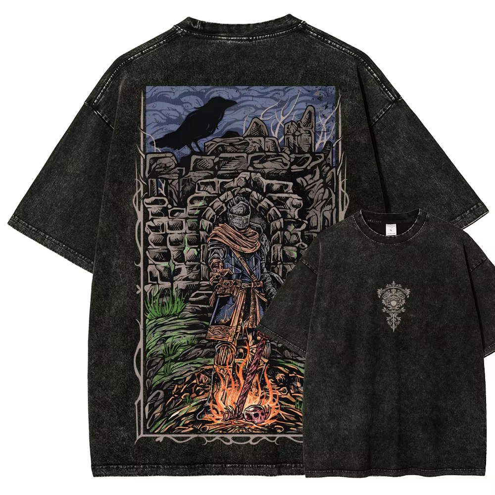 T-shirt délavé Dark Souls pour les amateurs d'anime, vêtements toute l'année, nouveau modèle, vêteme