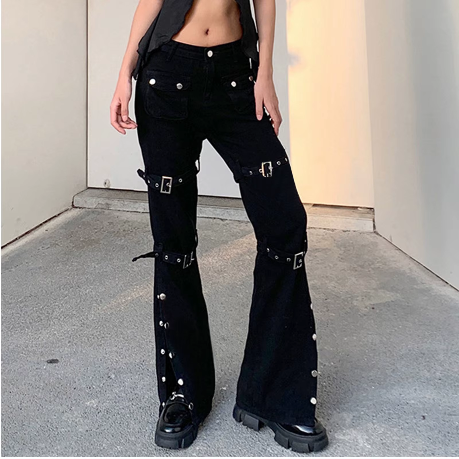 Hippie Cool filles pantalons droits Punk gothique à la mode boucle en métal côté fendu noir pantalon