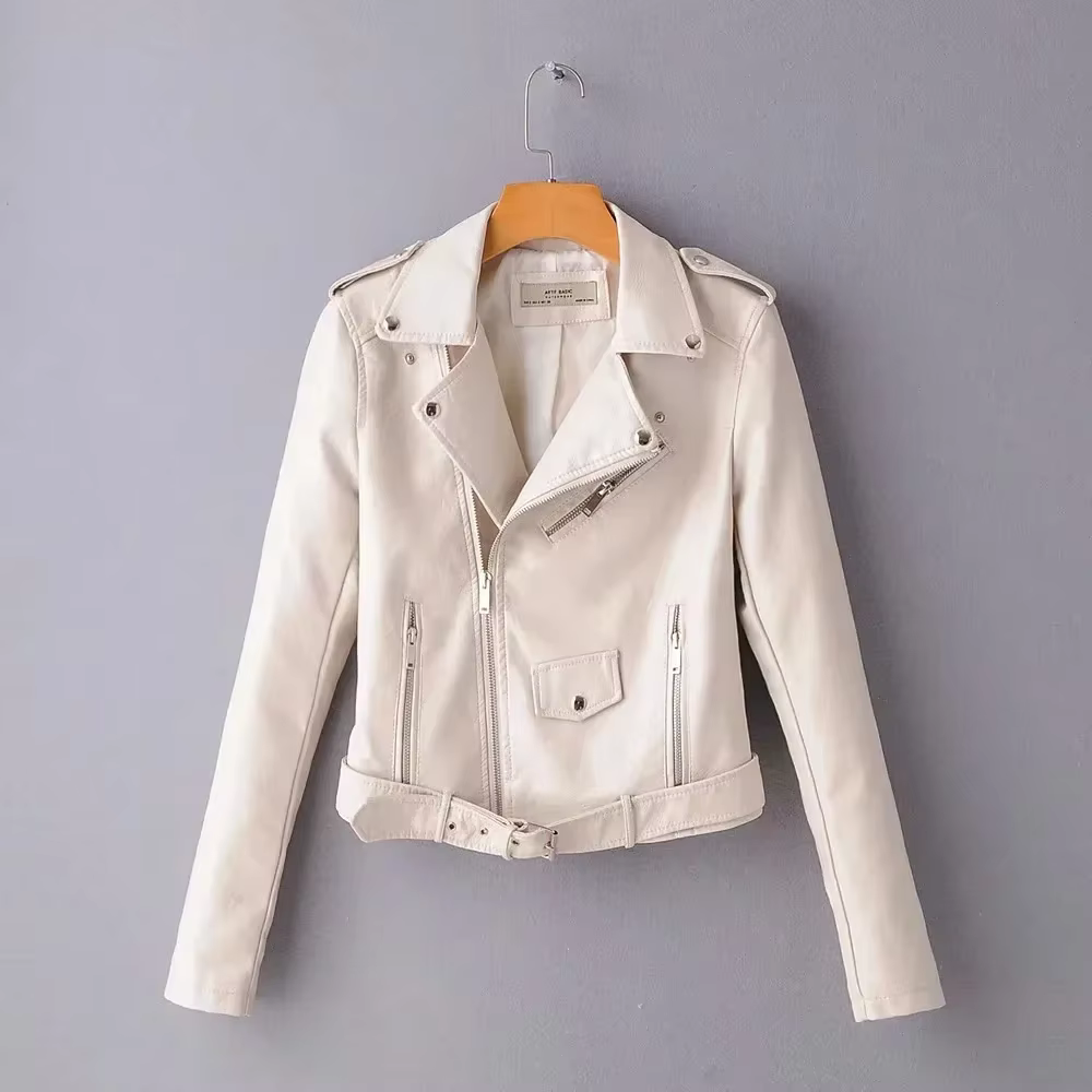 Mode femmes automne noir Faux cuir vestes dame Bomber moto Cool manteau d'extérieur avec ceinture of