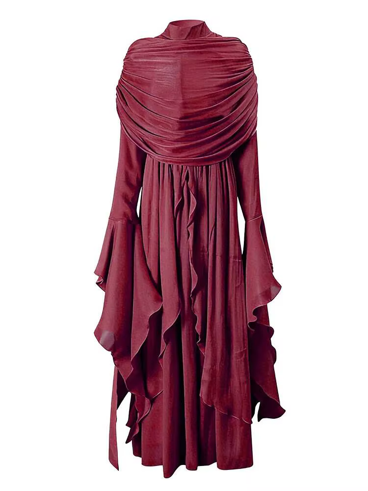LGRQ 2025 nouvelle couleur vin vêtements pour femmes irrégulière plissée à volants rouge robe longue