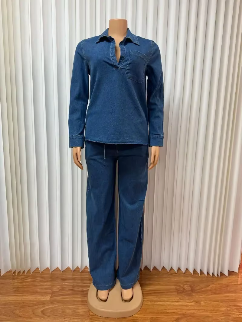 Mode femmes ensemble à manches longues lavé Denim hauts chemises + pantalon à jambes larges costume 