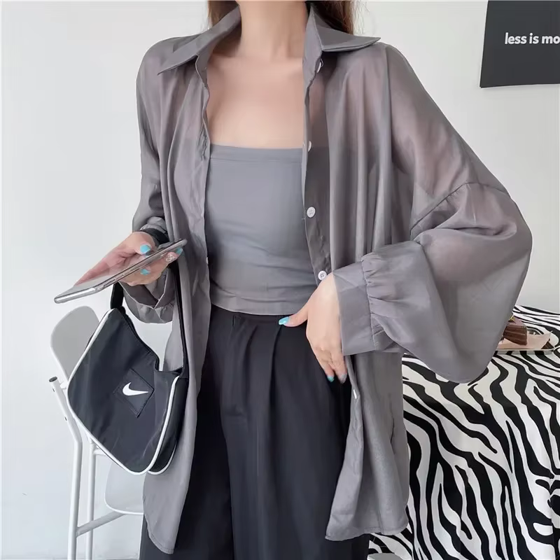 Chemise en mousseline de soie blanche pour femmes, chemisier transparent fin à manches longues, déco