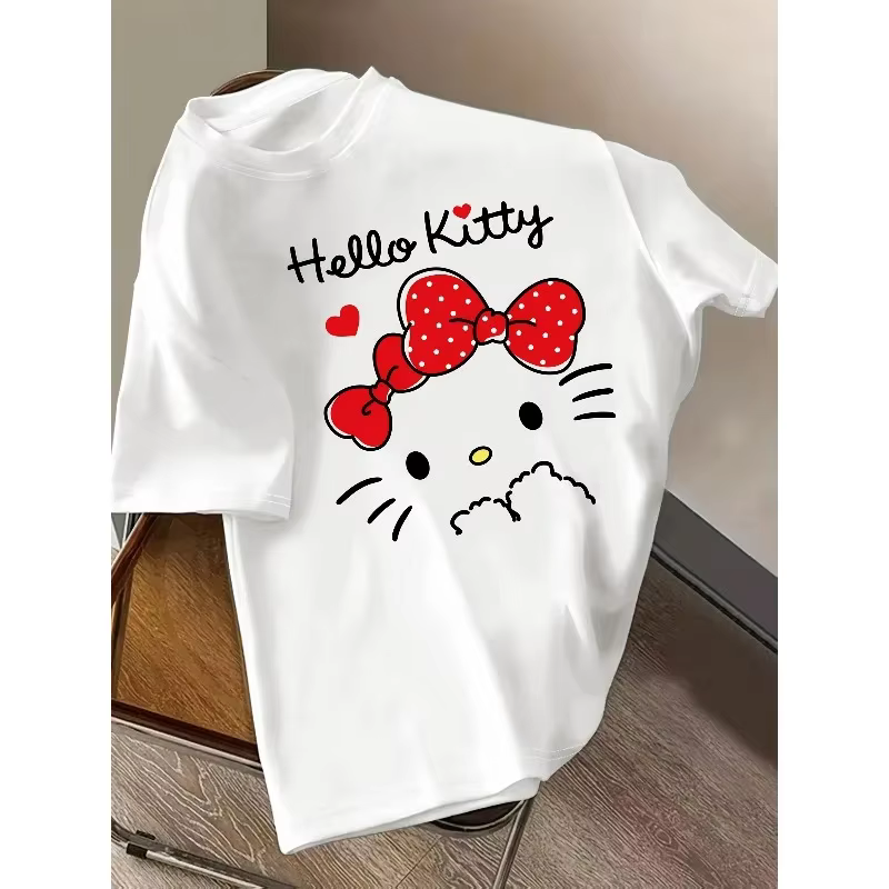 T-shirt d'été Hello Kitty en coton de haute qualité, imprimé à pois rouges, neutre, décontracté, ten