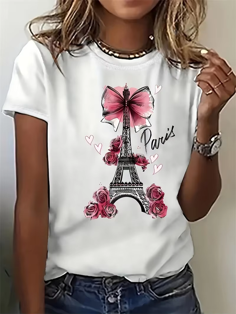 T-shirt décontracté imprimé tour Eiffel pour femme, manches courtes, vêtements de sport, haut esthét