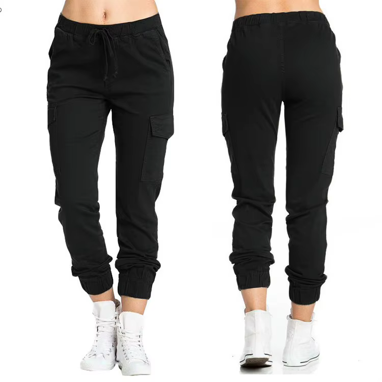 Nouveau pantalon cargo jogger uni pour femme, multi-poches, cordon de serrage, taille élastique, pan