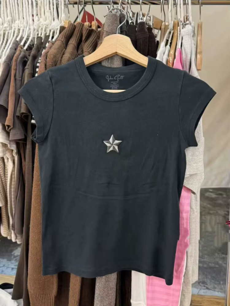 T-shirts brodés à motif aile arrière pour femme, col rond, manches courtes, style vintage streetwear