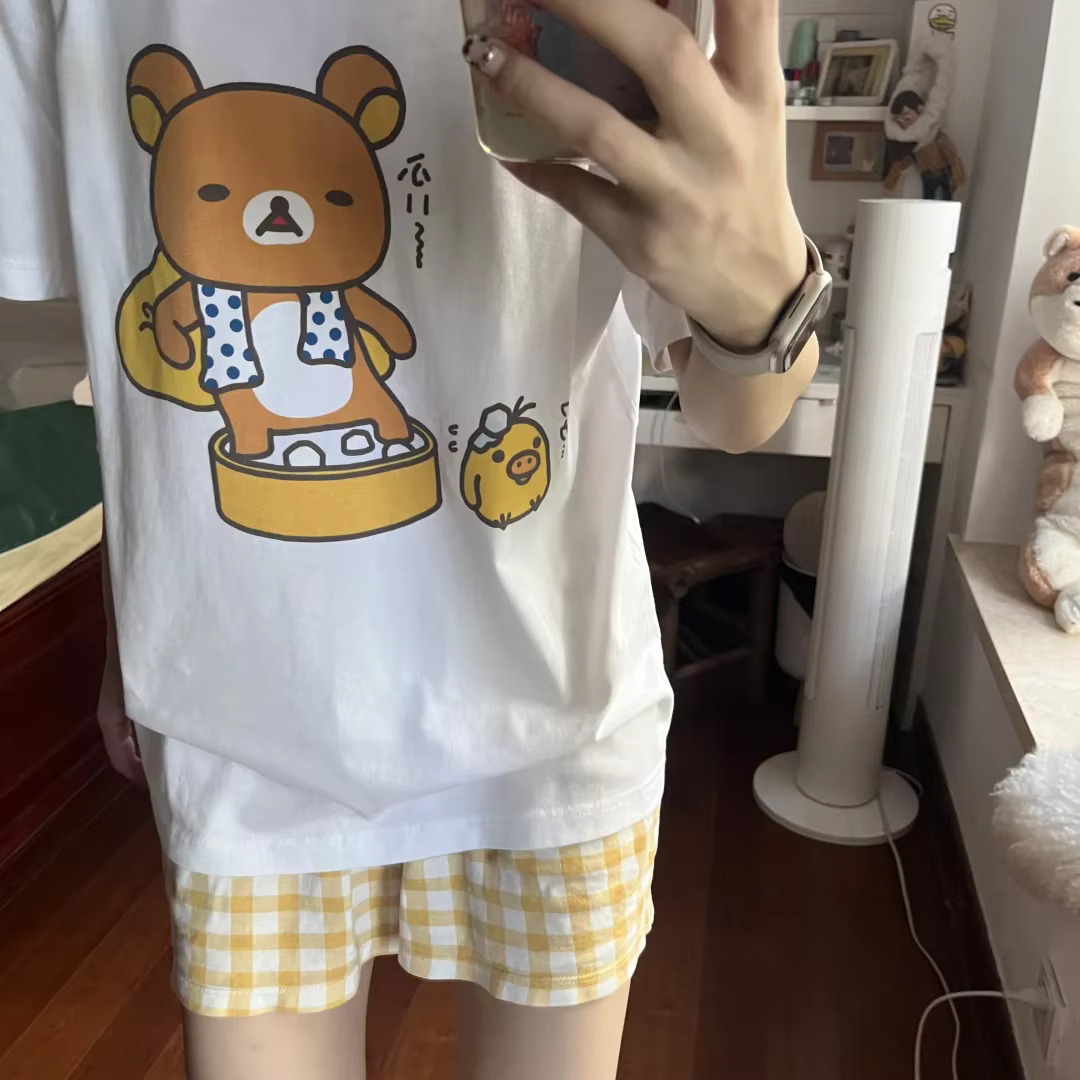 Mignon Rilakkuma imprimé T-shirt col rond manches courtes T-shirt vêtements d'été Kawaii haut pour f