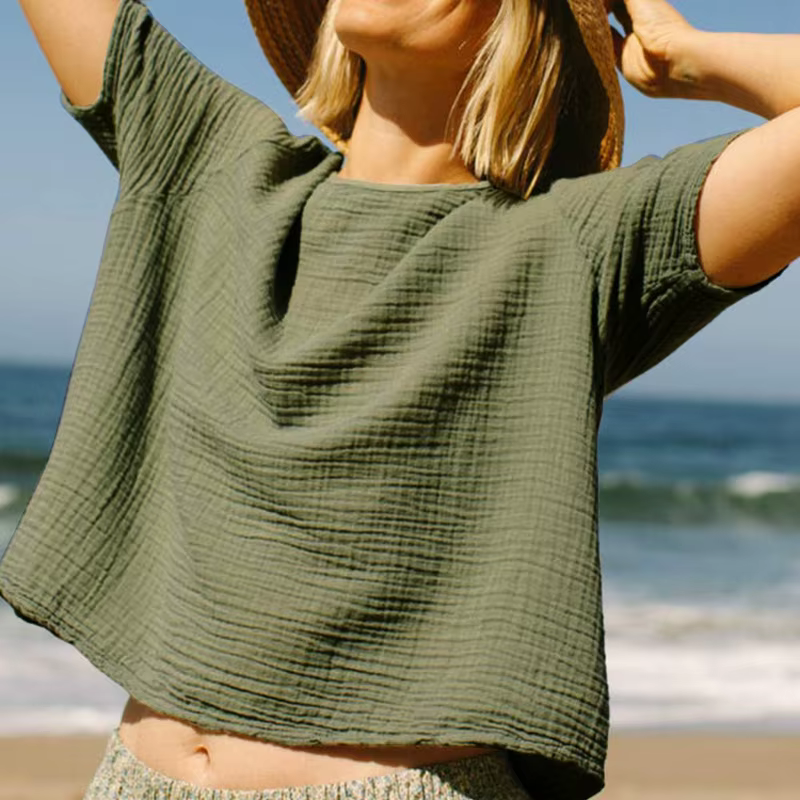 T-Shirt en mousseline de gaze 100% coton pour femmes, décontracté, solide, manches courtes, Streetwe