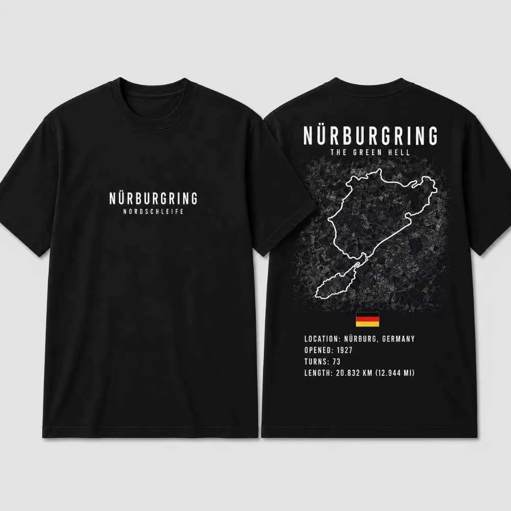 T-shirt imprimé Nürburgring à manches courtes, idéal pour les passionnés de course automobile, vêtem