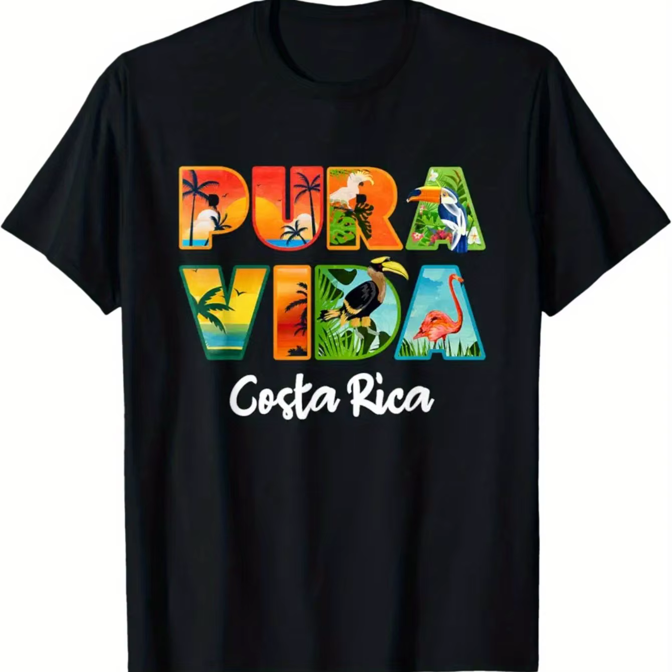 T-shirt graphique Pura Vida Costa Rica Tropical Wildlife, unisexe, en coton, à manches courtes, col 