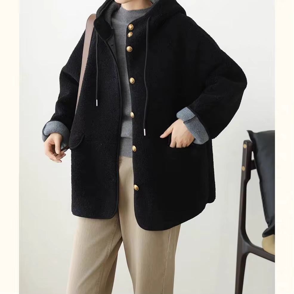 Manteau en laine d'agneau pour femme, nouveau Style, à capuche, ample et en peluche, haut épais et c