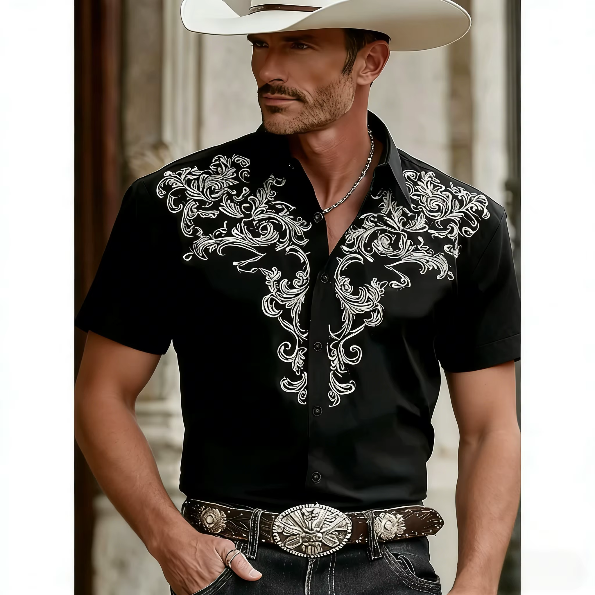 Chemise Homme Style Western Vintage Imprimé 3D Cowboy – Chemise Rétro à Revers pour Homme – Haut Déc
