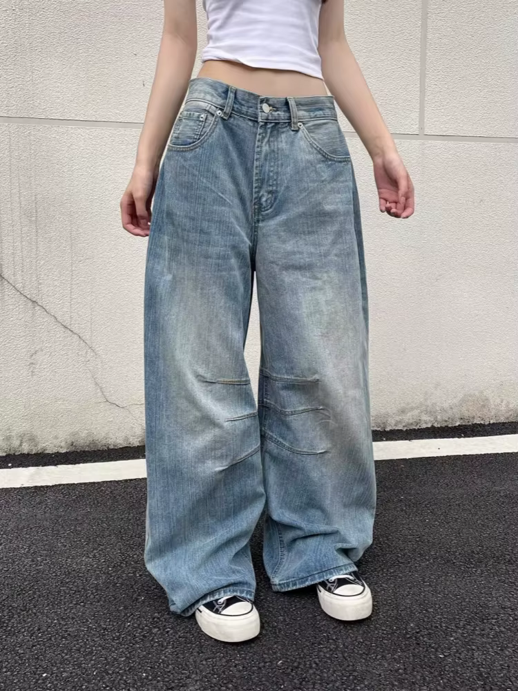 Trashy Y2K 2000S lavé bleu plissé Baggy jean Pantalon pour femmes 90S Vintage vêtements décontracté 