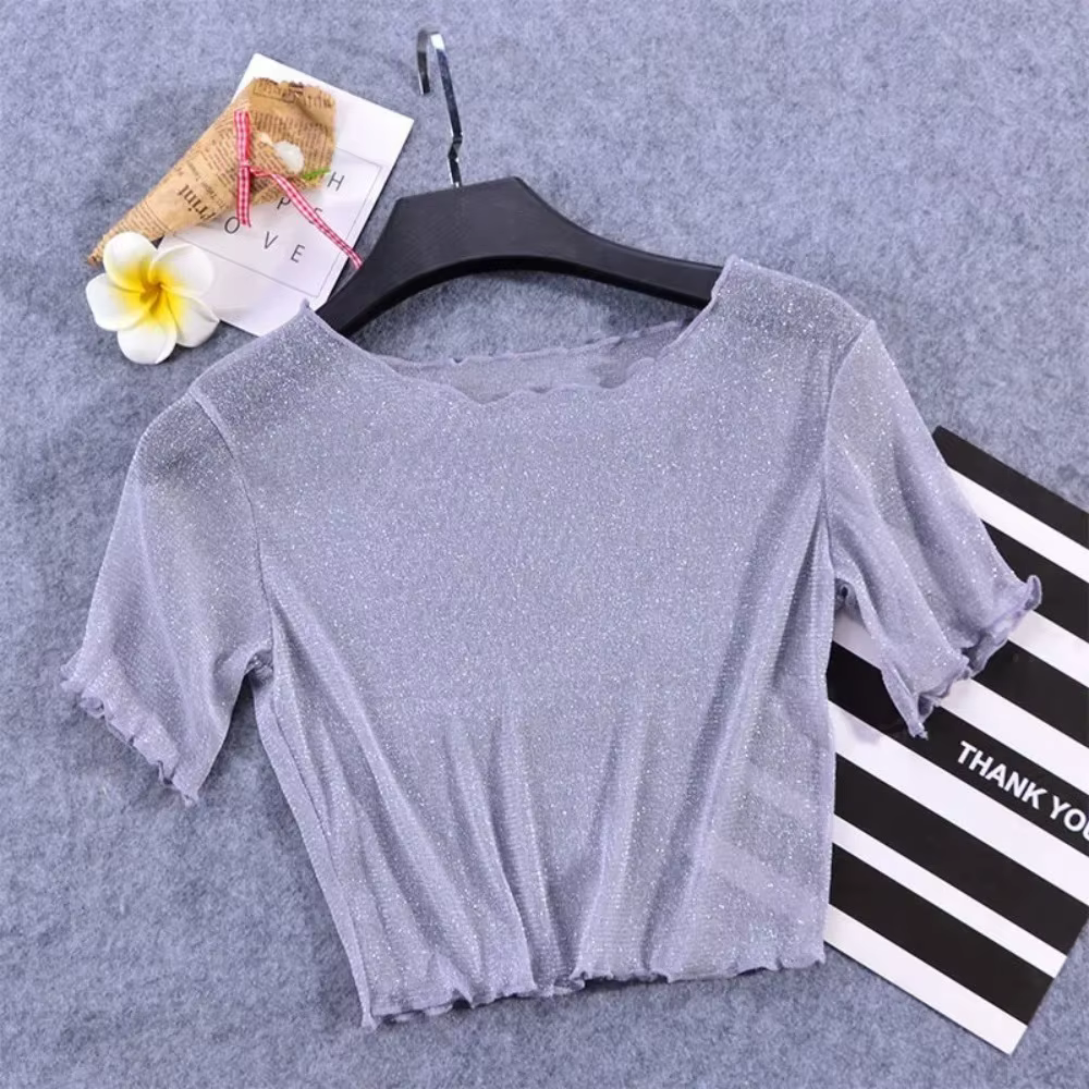 Chemise courte nombril exposé pour femme, demi-coupe, manches courtes, mode douce, vêtements en mail
