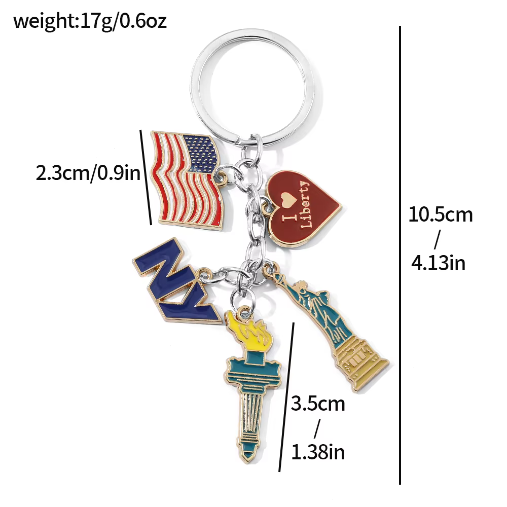 Porte-clés drapeau américain de dessin animé New York, pendentif en métal Design «I Love Liberty», u