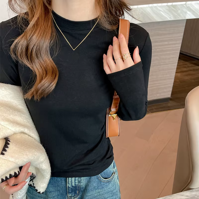 T-shirt moulant noir à col rond pour femme, couleur unie, manches longues, style coréen, élégant, po