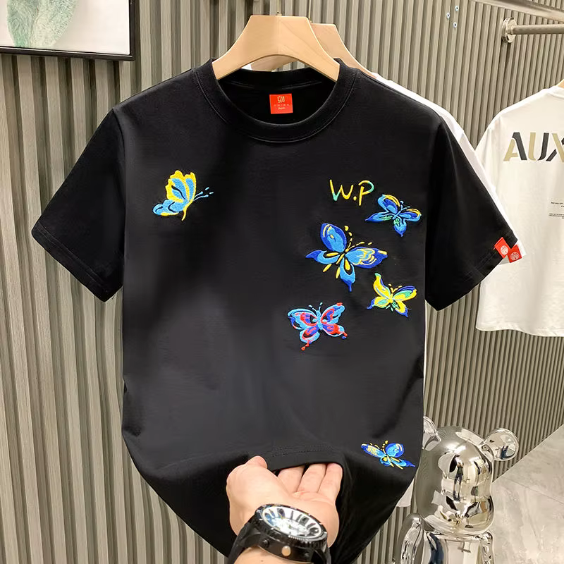 T-shirt à manches courtes brodé papillon pour hommes, pull ample de marque tendance
