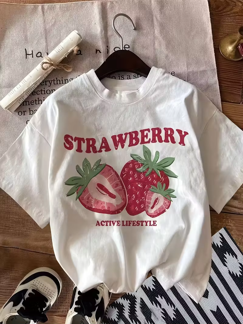 T-shirt vintage à motif fraise pour femme, haut décontracté à col rond et manches courtes avec impri