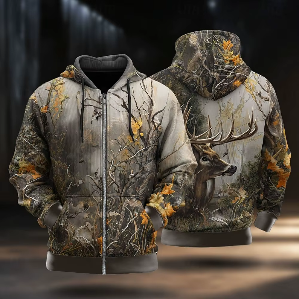Sweat à capuche camouflage pour homme, motif cerf, marron et vert, avec cordon de serrage et fermetu