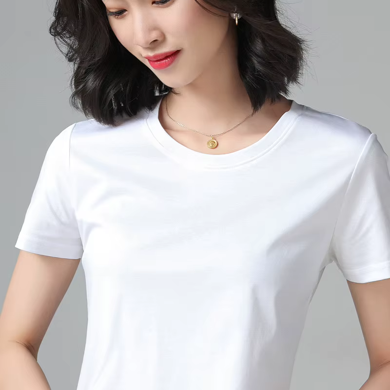 T-shirt en coton mercerisé pour femme, style années 80, haute densité, été, manches courtes, col ron
