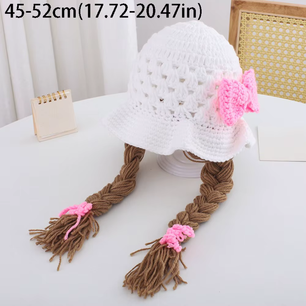 Bonnet en laine avec nœud rose, tricoté à la main avec tresses tressées à la main, Design tressé, pe