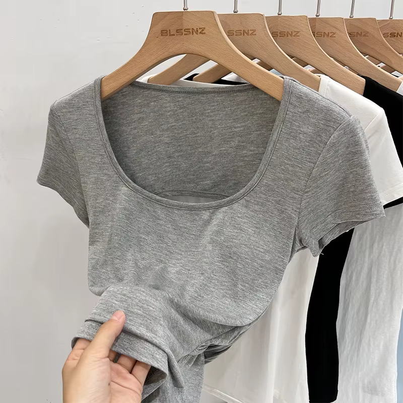 Femme col carré hauts de haute qualité plaine dos nu à manches courtes T-Shirt avec soutiens-gorge c