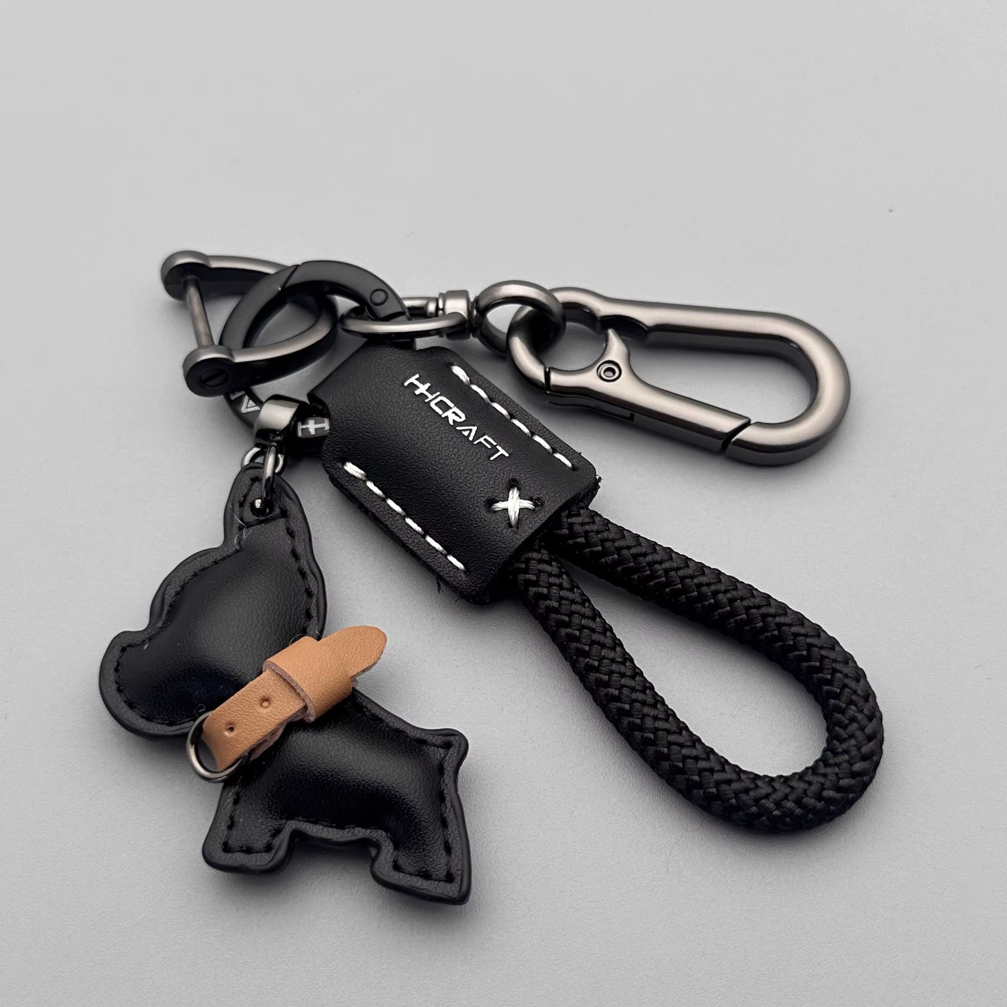 Porte-clés Bouledogue Français en Cuir, Breloque Chien, Anneau de Clés en Corde Tressée, Support de 