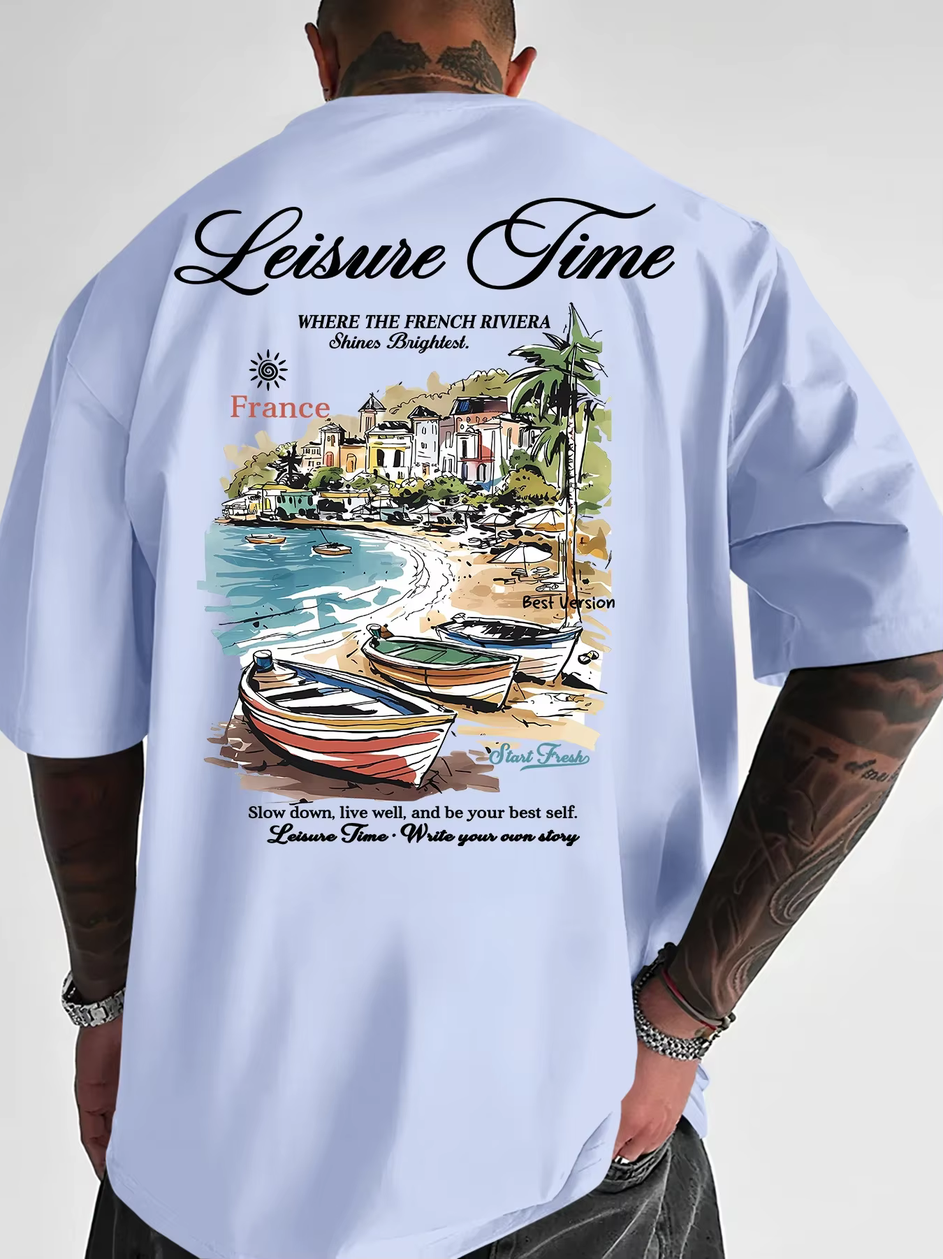 T-shirt de style vacances pour hommes, motif ville méditerranéenne, en coton 100 % pur et respirant,