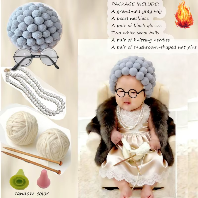 Kit de 9 accessoires photo vintage pour grand-mère : Perruque, lunettes et fil à crocheter pour séan