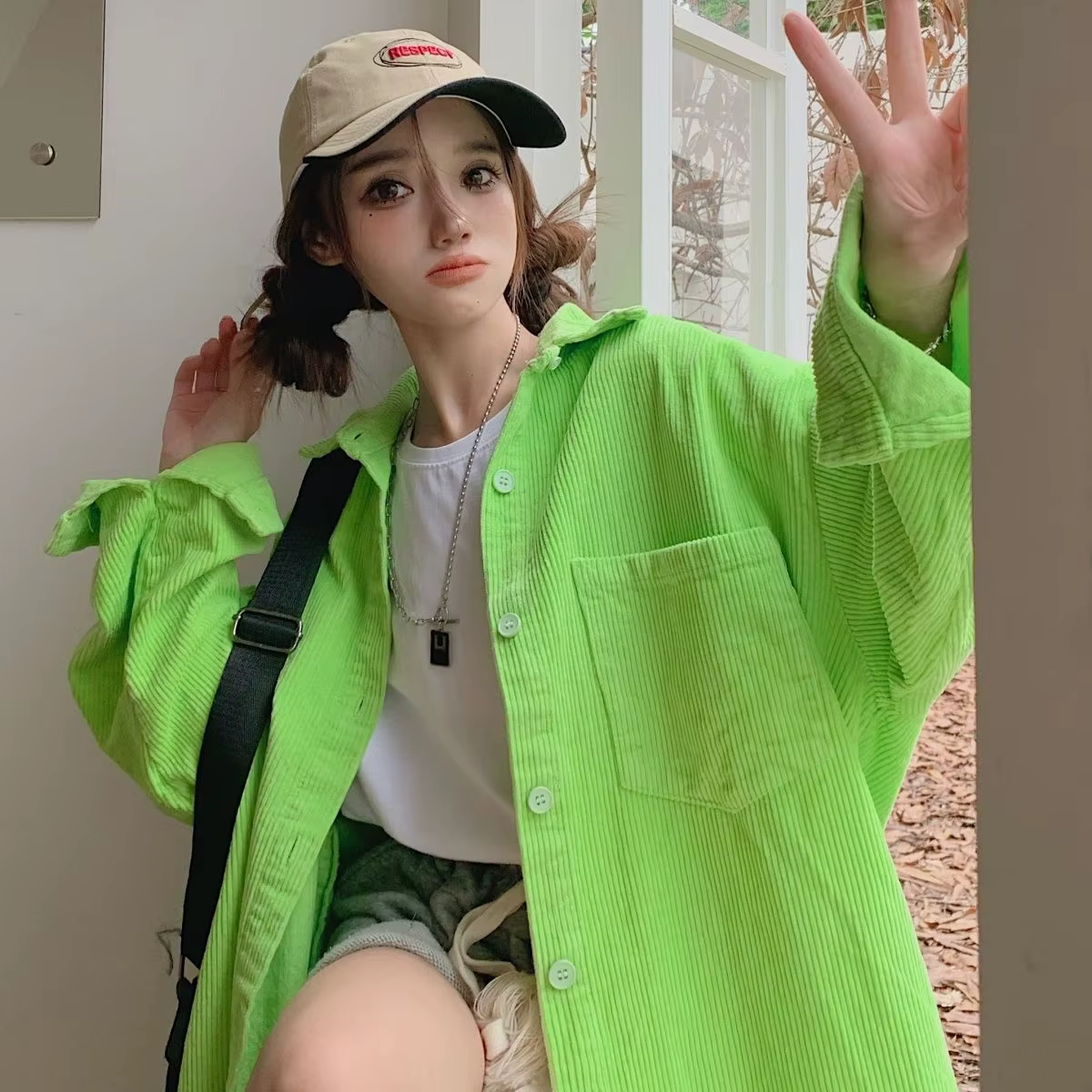 Chemise en velours côtelé vert Fluorescent pour femme, manteau en peluche, ample, décontracté, mi-lo