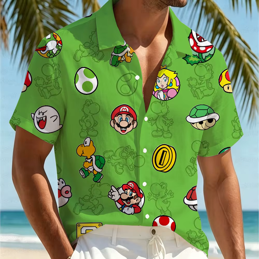 Chemise Hawaïenne Homme Motif Anime Mario, Nouvelle Collection 2026, T-shirt de Plage à Manches Cour
