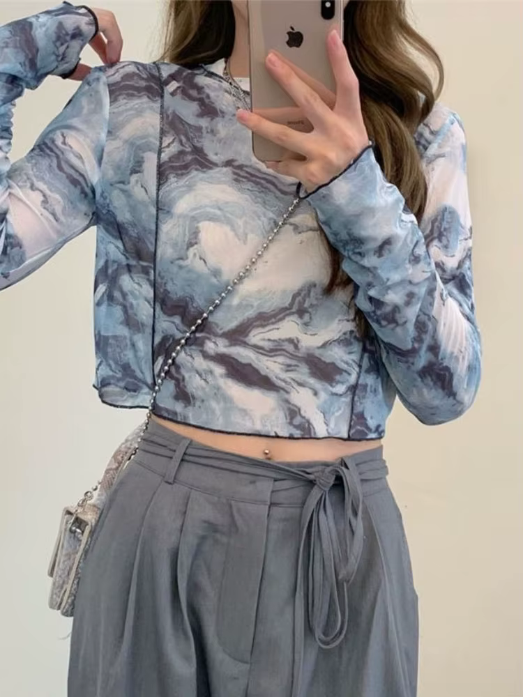 T-shirts à manches longues femmes cravate-teinture imprimé été résistant au soleil hauts courts mode