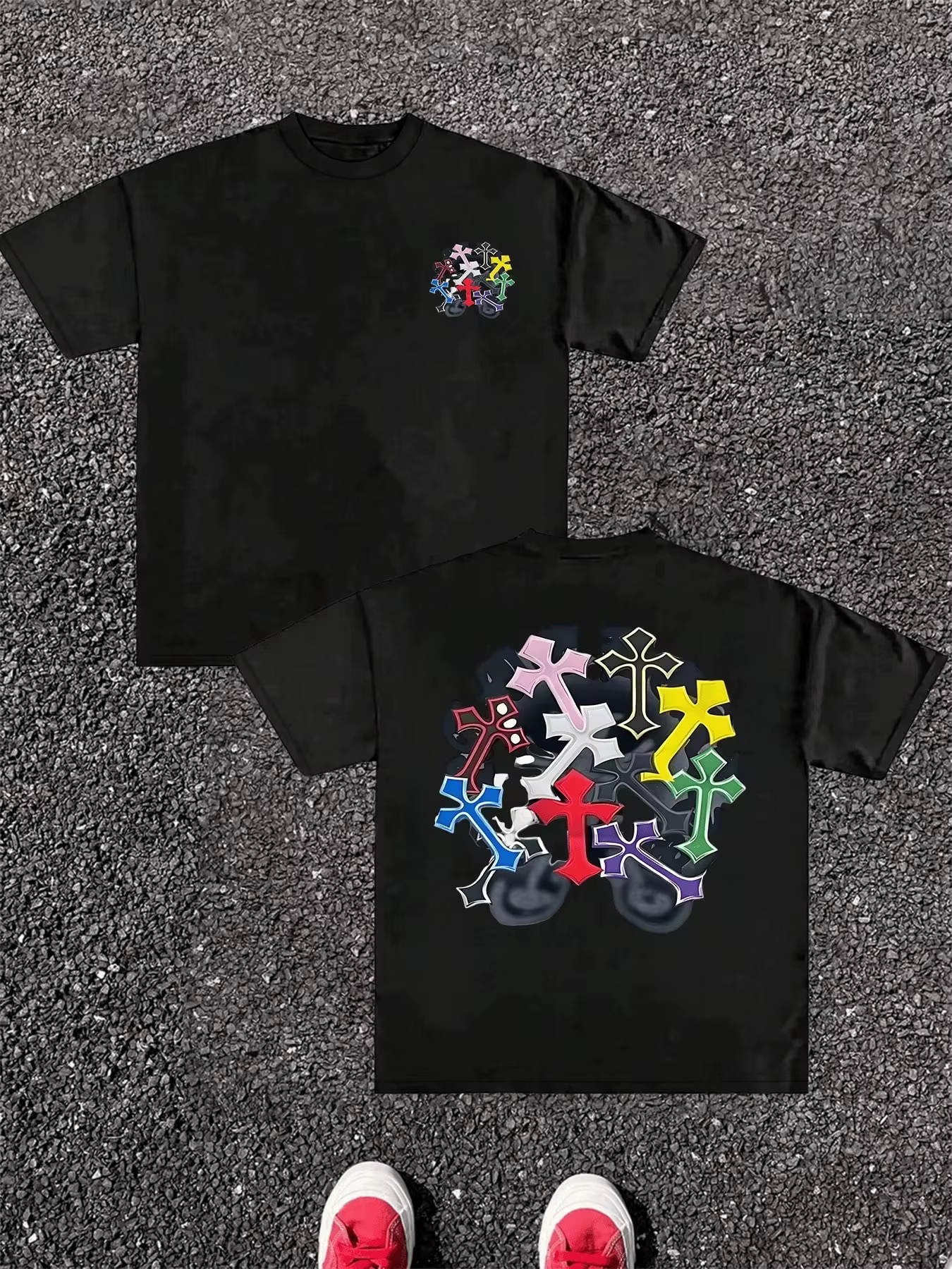 T-shirt pour homme en coton pur, impression numérique double face avec graphismes de croix colorées,