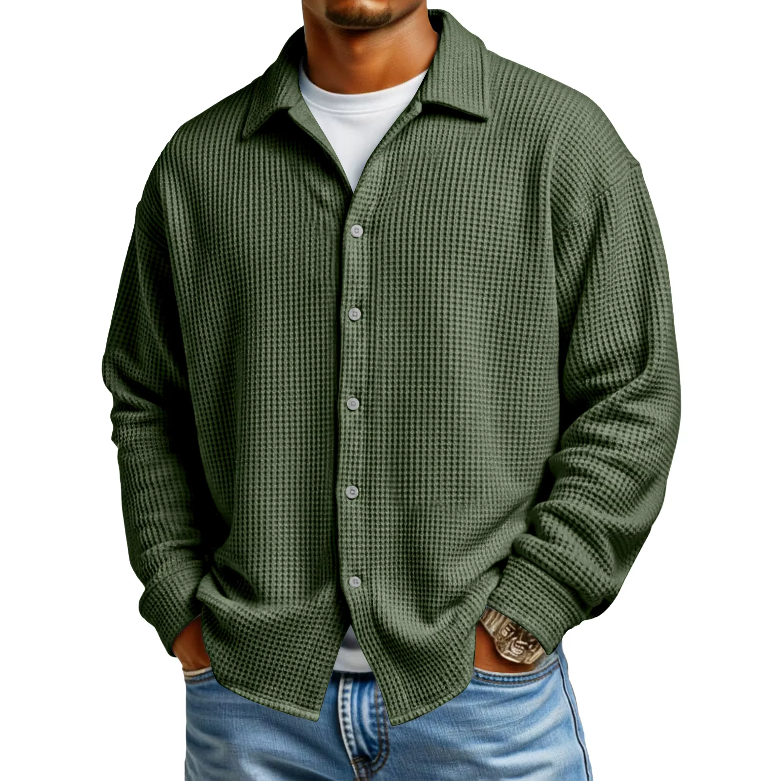 Chemise décontractée pour homme à manches longues, col boutonné, texture gaufrée, coupe ample, tenda