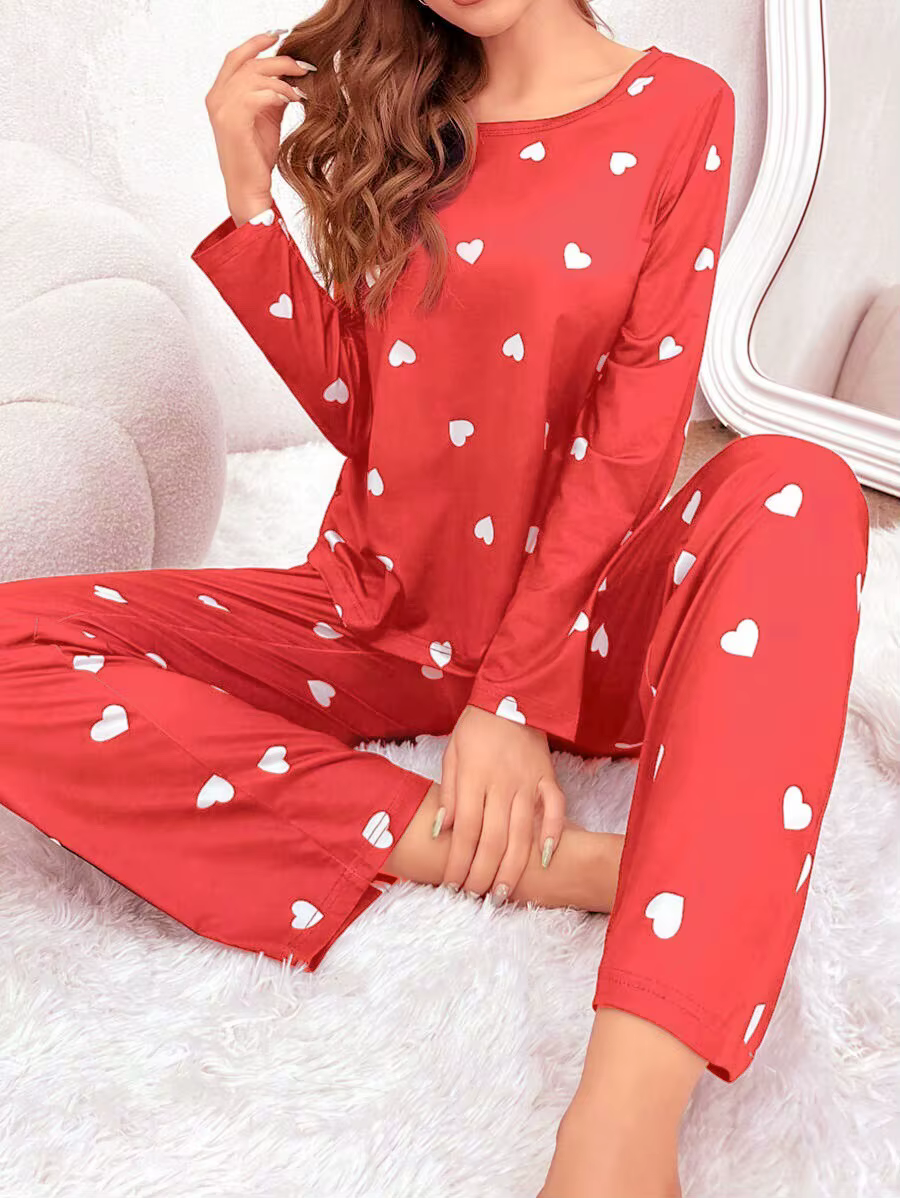 Ensemble de pyjamas College d'amour pour femmes, col rond, manches longues, pantalons longs, vêtemen