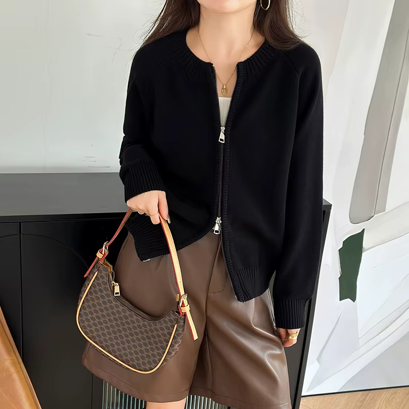WinvyNee Vêtements pour femmes 100% coton uni col rond fermeture éclair ample doux épais manches lon
