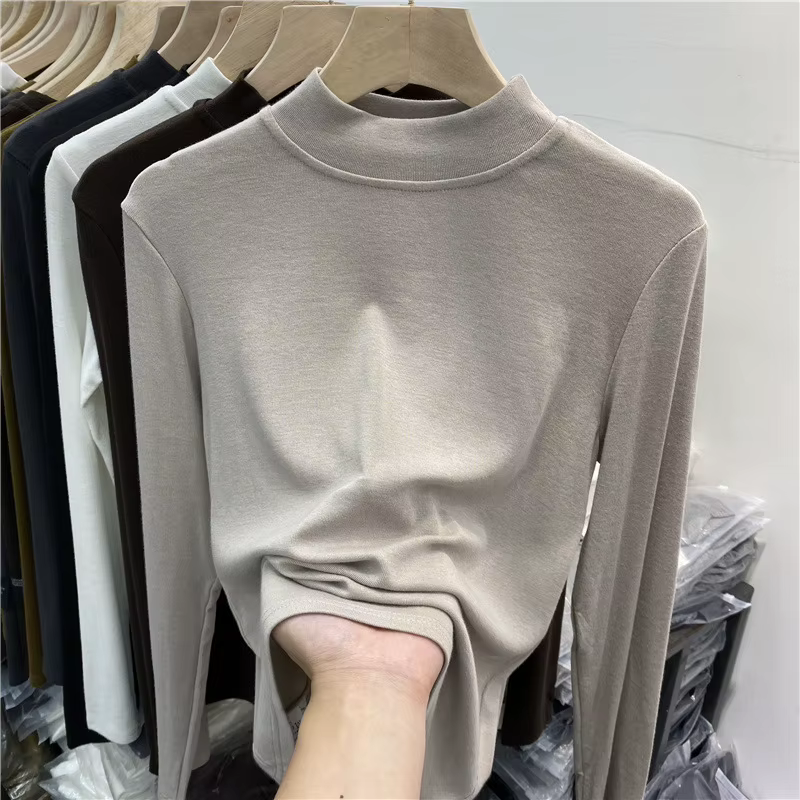 Chemise à col montant en velours pour femmes, T-shirt à manches longues en coton, nouveau haut intér