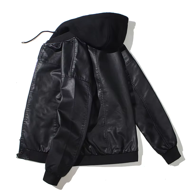 Veste à capuche en cuir PU pour hommes, manteau rembourré en coton pour moto, jeune cuir et coton