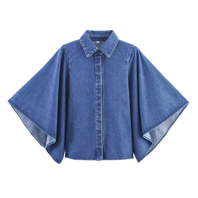 Manches chauve-souris Denim Blouses femmes simple boutonnage solide boutonné chemises femme mode ava