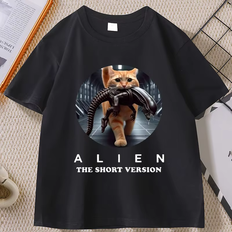 T-shirt Alien Cat pour hommes et femmes, t-shirt drôle imprimé avec graphique d'horreur, en coton, à