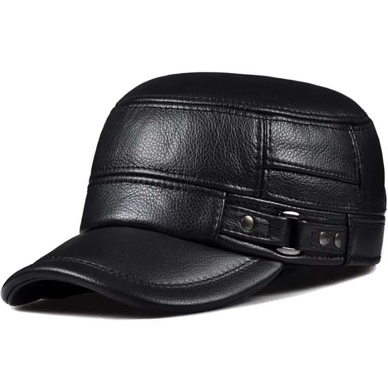 Casquette d'hiver en cuir véritable pour hommes, casquette plate, militaire, élégante, casquette de 