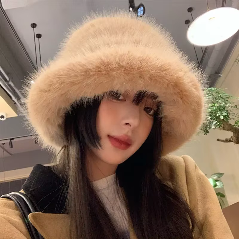 Chapeaux seau en fausse fourrure pour femmes, chapeau chaud et épais en peluche, en fourrure de lapi