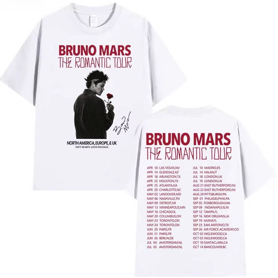 T-shirt Bruno Mars The Romantic Tour pour hommes et femmes, vêtements streetwear hip-hop, hauts en c